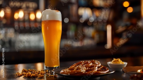A frothy German weissbier in a tall glass  paired with a plate of pretzels and mustard at a beer garden