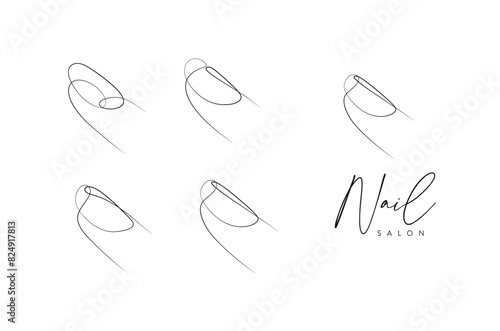 Woman fingers round nails drawing in linear style on beige background photo