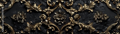 Intricate black and gold decorative floral pattern, luxurious and elegant design perfect for backgrounds or ornate applications. © Rattanathip
