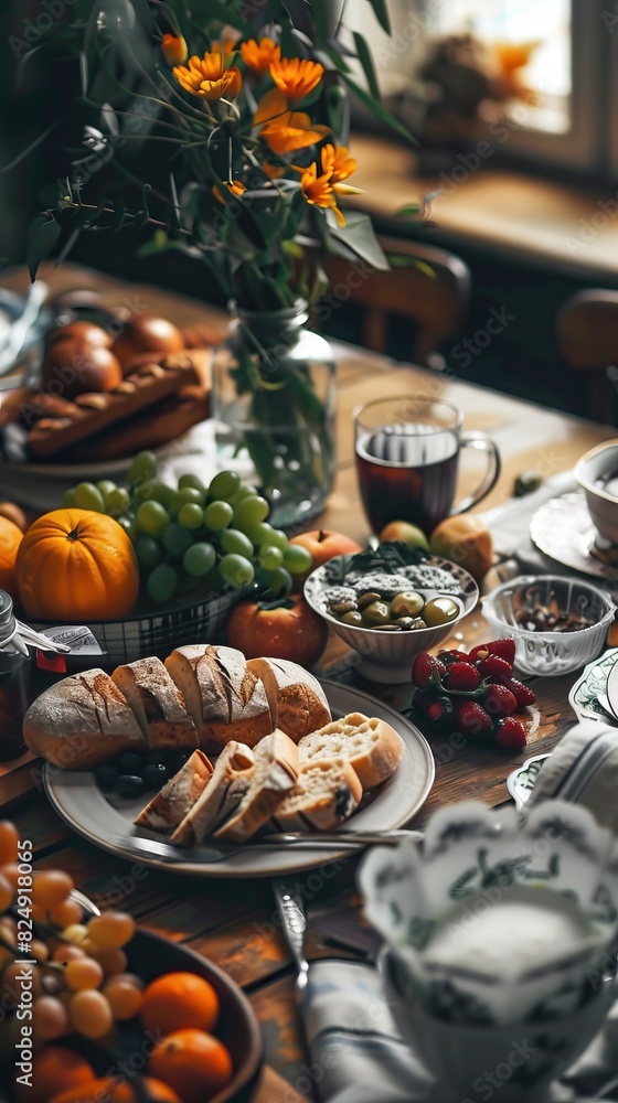 A cozy breakfast table is set with a fresh loaf of bread, a steaming cup of coffee, and vibrant, fresh fruits, creating an inviting atmosphere for a comforting morning meal. A cozy breakfast table is set with a fresh loaf of bread, a steaming cup of coffee, and vibrant, fresh fruits, creating an inviting atmosphere for a comforting morning meal.