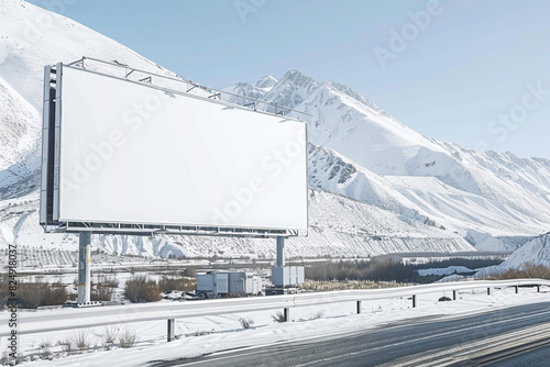 Ultra HD mockup of a large billboard in a snowy mountain setting, blank with a light border for impactful winter ads.