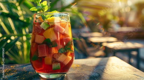 A glass of sangria filled with colorful fruit chunks and a sprig of mint, served on a patio in Spain photo