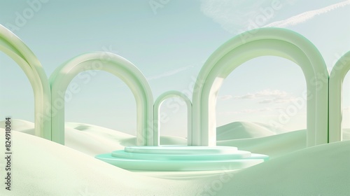 A super realistic 3D render of an abstract surreal pastel landscape, featuring a series of modern arches and a podium designed for product display.