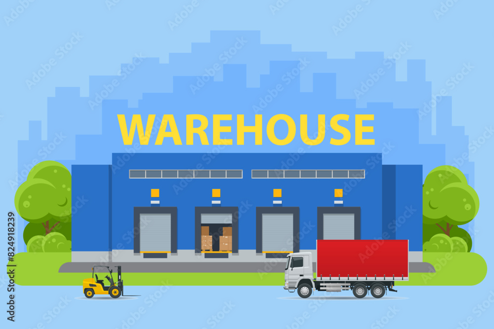 Isometric large modern warehouse with forklifts and truck. Warehouse, shipment of goods carried out with a forklift. Smart warehouse management system. Automatic logistics management.