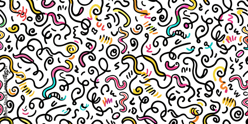 Brush curly lines seamless pattern. Pencil squiggles ornament. Scribble brush strokes vector background. Hand drawn marker scribbles, curved lines. Black pencil sketches. Squiggles and daubs.
