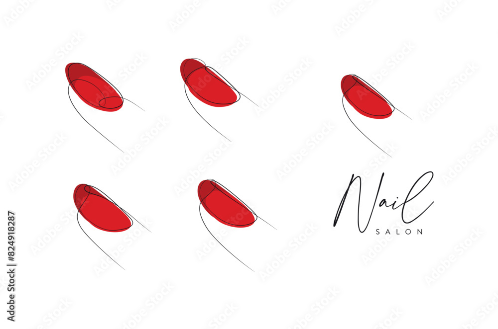 Woman fingers with red round nails drawing in linear style on beige background