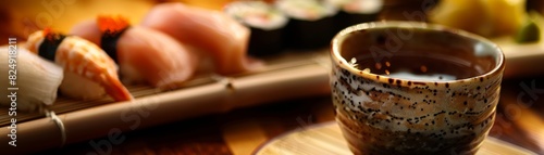 A glass of smooth Japanese sake in a traditional ceramic cup with a sushi platter in the background photo