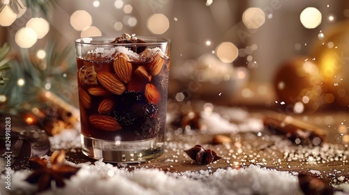 A glass of traditional Finnish glogg with almonds and raisins, served warm in a festive winter setting photo