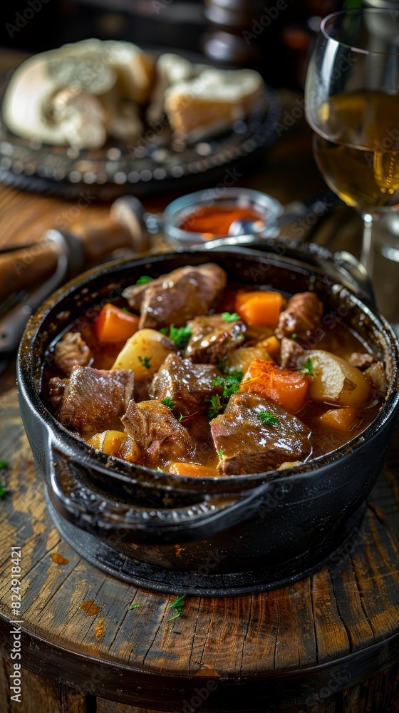A hearty Irish stew with lamb and root vegetables, served in a cast iron pot, rustic wooden pub table, dimly lit for an inviting atmosphere A hearty Irish stew with lamb and root vegetables, served in a cast iron pot, rustic wooden pub table, dimly lit for an inviting atmosphere