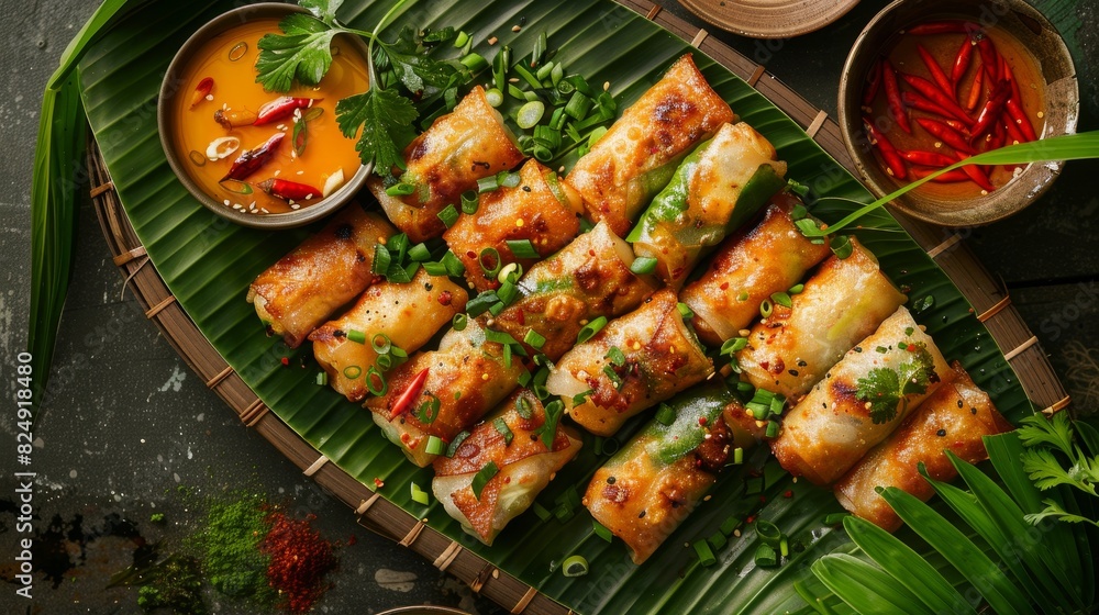 A highangle shot of a beautifully arranged platter of Thai spring rolls with dipping sauces, set on a banana leaf with fresh herbs A highangle shot of a beautifully arranged platter of Thai spring rolls with dipping sauces, set on a banana leaf with fresh herbs