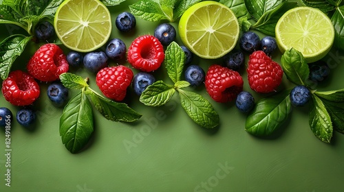   Raspberries  limes  blueberries  and mint leaves on a green background