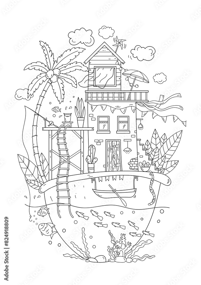 Naklejka premium Coloring Page - Tropical Island House Is A Coloring Page For Both Adults And Children