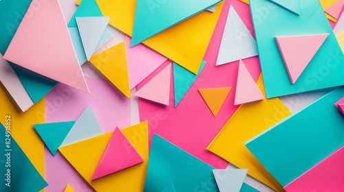 Vibrant abstract geometric pattern with colorful triangles and rectangles in pink, teal, yellow, and blue hues. Perfect for backgrounds or designs.