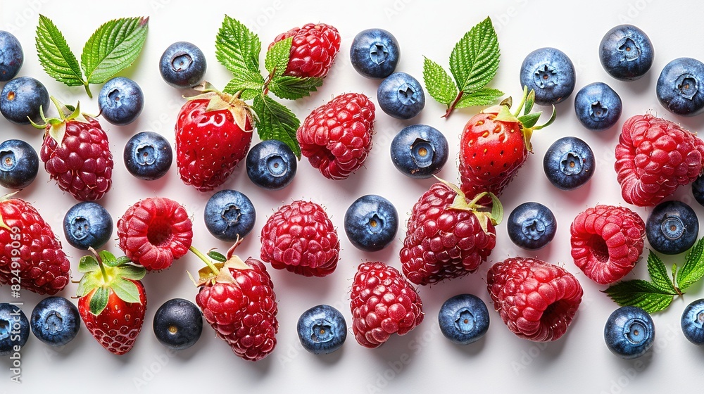 Blueberries, raspberries, and raspberries arranged in a row on a white surface with green leaves Blueberries, raspberries, and raspberries arranged in a row on a white surface with green leaves