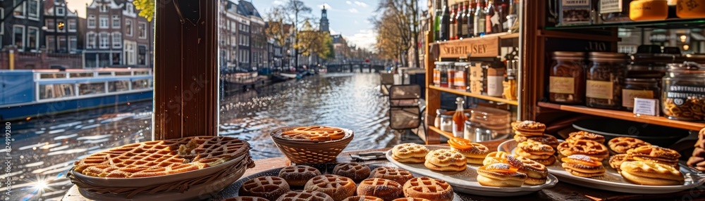 A highangle shot of a Dutch bakery showcasing freshly baked stroopwafels and poffertjes, with a charming canal view in the background A highangle shot of a Dutch bakery showcasing freshly baked stroopwafels and poffertjes, with a charming canal view in the background