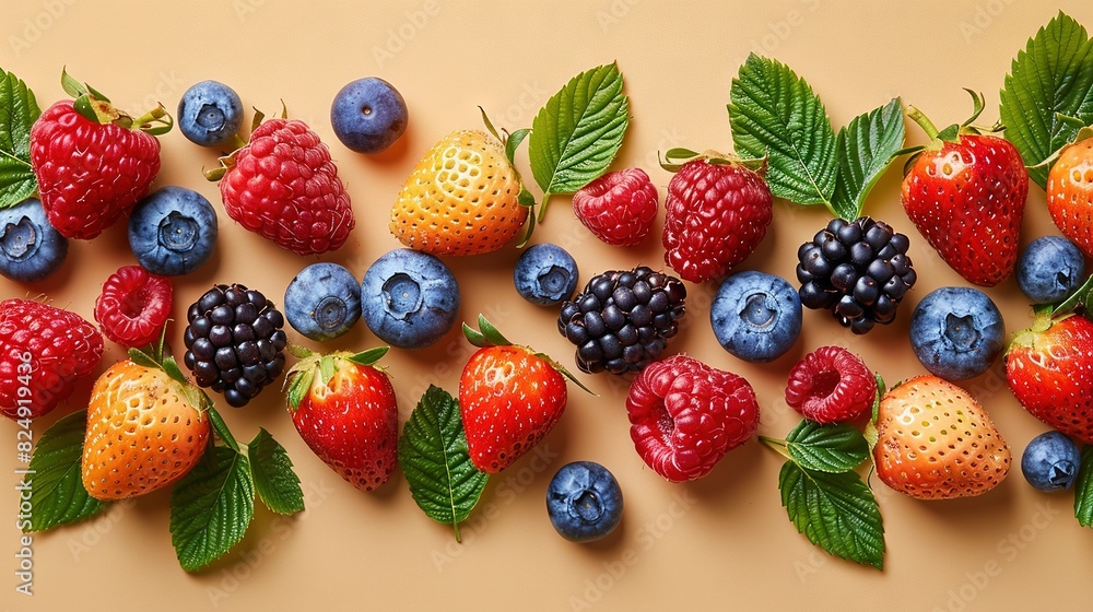 Berries, raspberries, blueberries, and strawberries sit on a beige backdrop with lush green foliage Berries, raspberries, blueberries, and strawberries sit on a beige backdrop with lush green foliage