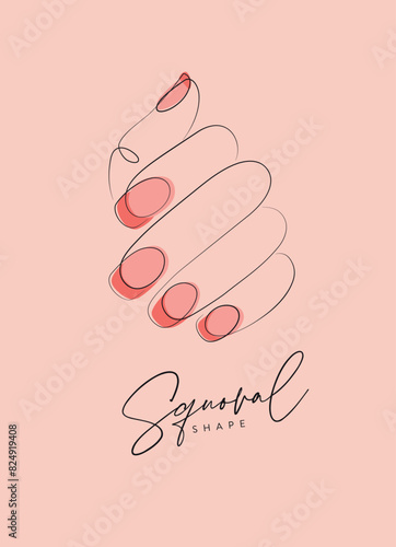 Obraz na płótnie Woman hand with pink oval shape nails drawing in linear style on peach background w salonie