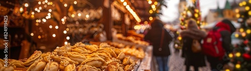 A highangle shot of a festive Polish market stall selling pierogi, with traditional decorations and festive lighting creating a warm atmosphere photo