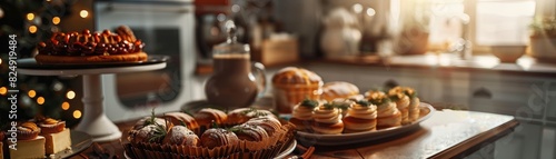 A highangle shot of a festive Swedish fika table, with assorted pastries and a pot of coffee, set in a cozy, welllit kitchen photo