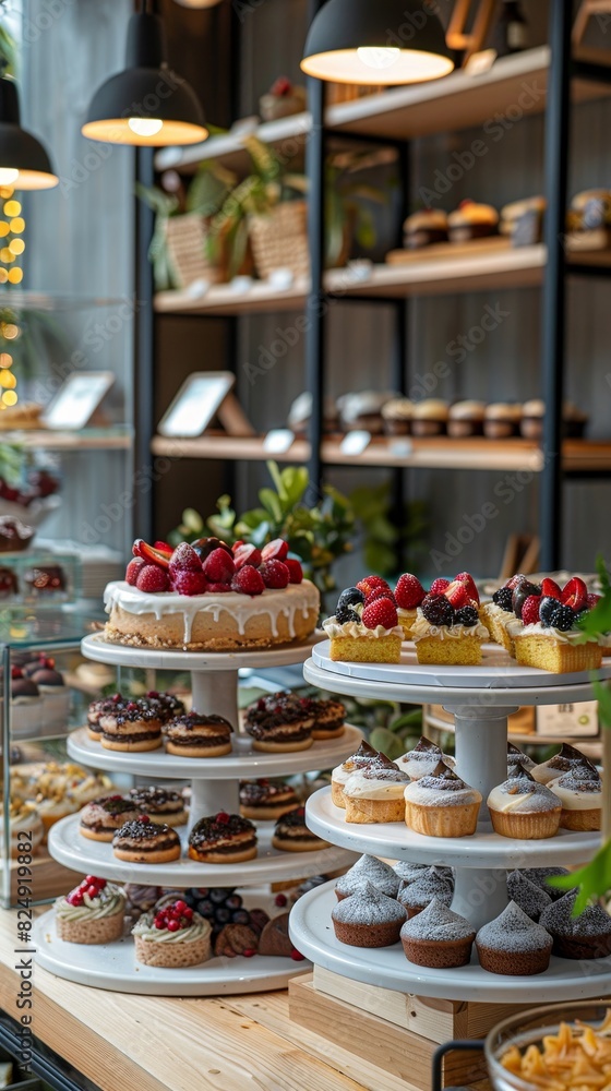 A highangle shot of a Korean bakery featuring beautifully decorated cakes and pastries, with a modern and stylish interior A highangle shot of a Korean bakery featuring beautifully decorated cakes and pastries, with a modern and stylish interior