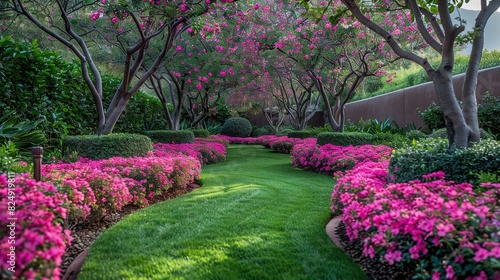  A garden brimming with many pink blossoms adjoins a verdant, expansive green lawn punctuated by numerous pink blooms