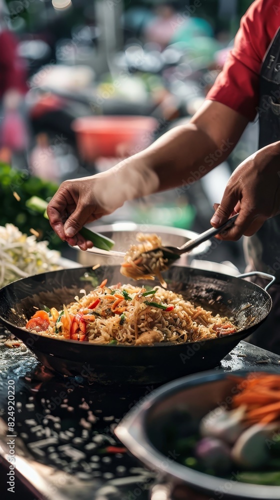 A highangle shot of a traditional Thai street food vendor preparing pad thai, with vibrant ingredients and bustling market in the background A highangle shot of a traditional Thai street food vendor preparing pad thai, with vibrant ingredients and bustling market in the background
