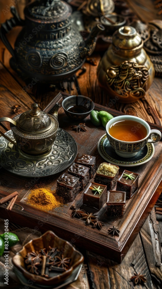 A highangle shot of a traditional Thai tea set with Thai sweets like khanom buang and khanom krok, set on a wooden table with intricate decorations