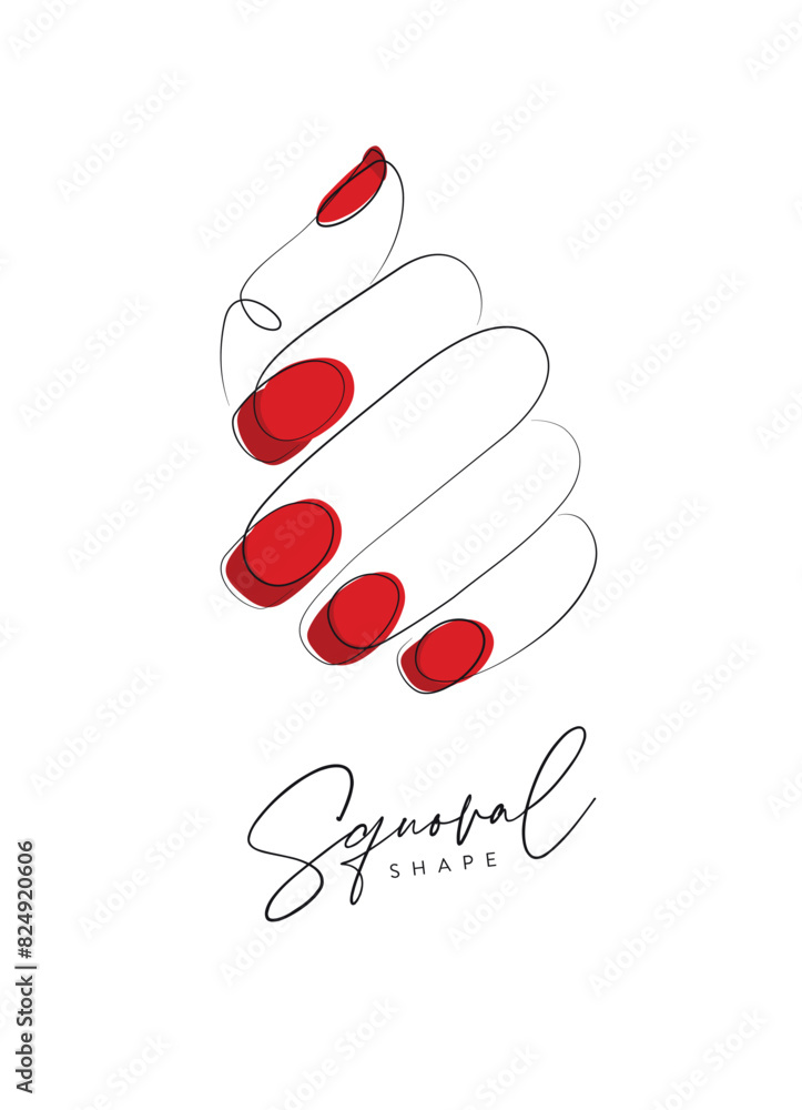 Woman hand with red oval shape nails drawing in linear style on beige background