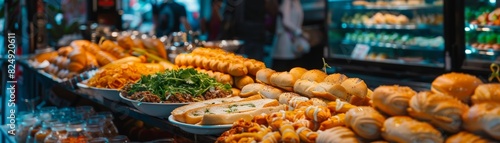 A highangle shot of a Vietnamese bakery filled with banh mi and various pastries, with a lively street scene in the background photo