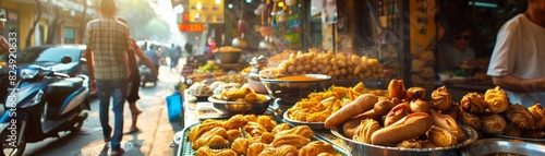 A highangle shot of a Vietnamese bakery filled with banh mi and various pastries, with a lively street scene in the background photo