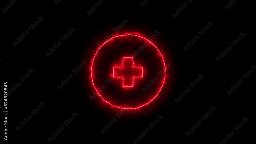 Linear neon animation of blue plus in circle with dynamic smoke on black background. Linear neon animation of blue plus in circle with dynamic smoke on black background.