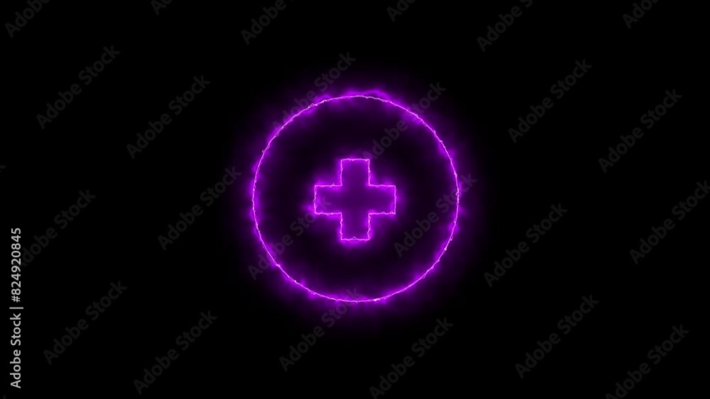 Linear neon animation of blue plus in circle with dynamic smoke on black background. Linear neon animation of blue plus in circle with dynamic smoke on black background.