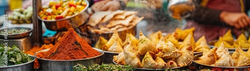 A highangle shot of an Indian street food vendor preparing samosas, with colorful spices and fresh herbs displayed in the background photo