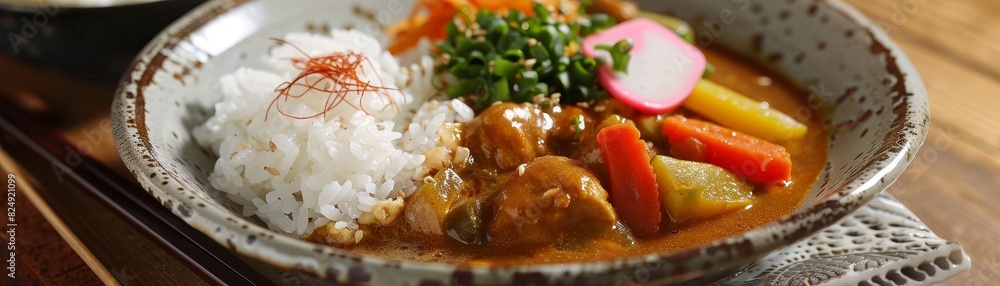 A homestyle Japanese curry dish served in a ceramic bowl, with rice and pickled vegetables, in a simple, homey kitchen setting A homestyle Japanese curry dish served in a ceramic bowl, with rice and pickled vegetables, in a simple, homey kitchen setting