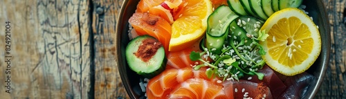 A highangle view of a chirashi sushi bowl, richly topped with vibrant slices of fresh fish, avocado, and cucumber, on a polished wooden table photo
