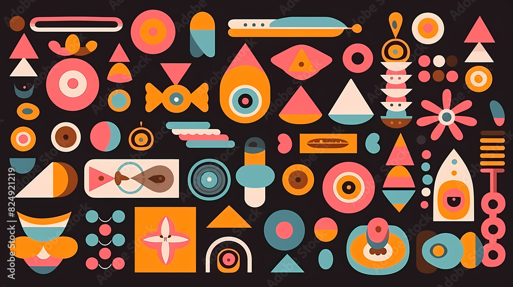 Set of abstract retro geometric shapes vector. Collection of contemporary figure, sparkle, arrow, flower in 70s groovy style Set of abstract retro geometric shapes vector. Collection of contemporary figure, sparkle, arrow, flower in 70s groovy style