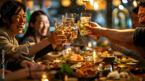 A lively izakaya scene with a group of friends sharing dishes and toasting with sake, captured from an intimate, overtheshoulder angle