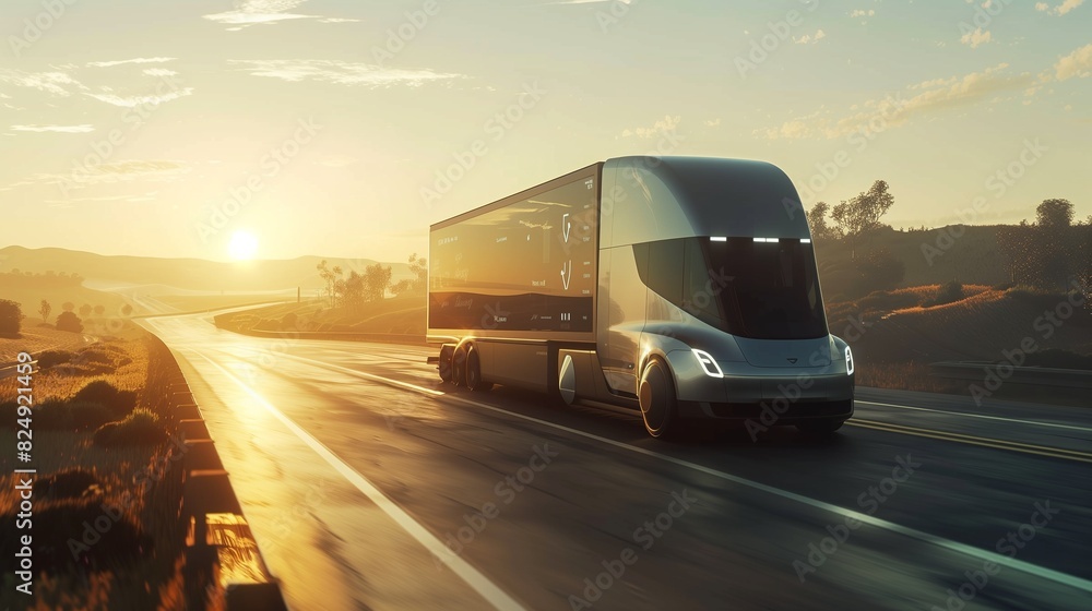 The truck is futuristic, with smooth lines and an aerodynamic design, adorned with digital displays indicating its autonomous capabilities. The truck is futuristic, with smooth lines and an aerodynamic design, adorned with digital displays indicating its autonomous capabilities.