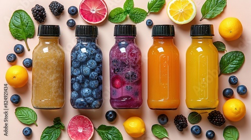 Four bottles containing various fruits and vegetables, adjacent to lemons, blueberries, raspberries, and oranges