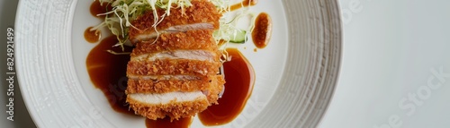 A minimalist shot of a pankocrusted katsu cutlet, sliced and fanned out on a plain white plate with a small mound of shredded cabbage and a dollop of sauce photo