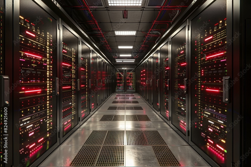 Futuristic Sci-Fi Server Room with Glowing Red Lights