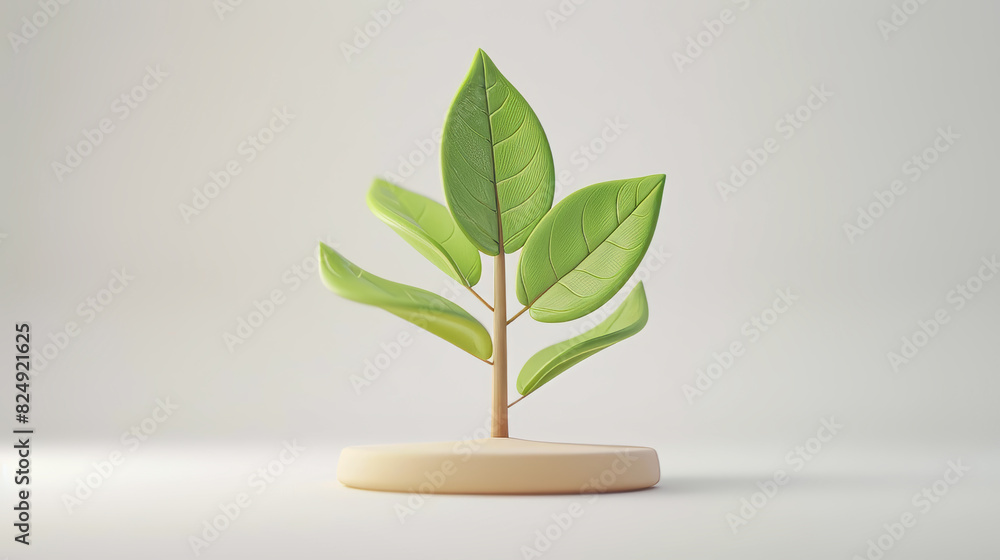 Minimalistic illustration of a stylized plant with green leaves on a wooden stand against a neutral background Minimalistic illustration of a stylized plant with green leaves on a wooden stand against a neutral background