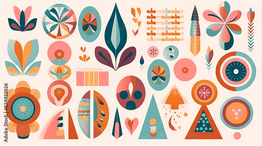 Set of abstract retro geometric shapes vector. Collection of contemporary figure, sparkle, arrow, flower in 70s groovy style Set of abstract retro geometric shapes vector. Collection of contemporary figure, sparkle, arrow, flower in 70s groovy style