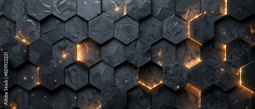 Fototapeta Naklejka Na Ścianę i Meble -  Abstract futuristic luxurious digital geometric technology hexagon background banner illustration 3d - Glowing gold, brown, gray and black hexagonal 3d shape texture wall
