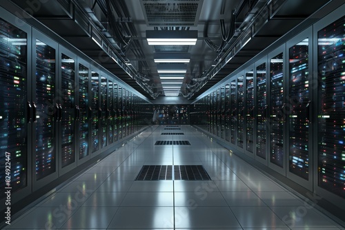 Server room with rows of server racks photo