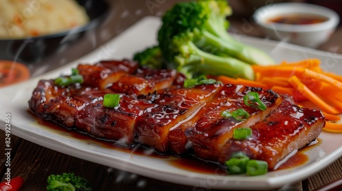 A plate of Chinese char siu pork with honey glaze and steamed vegetables in a Hong Kongstyle BBQ restaurant photo