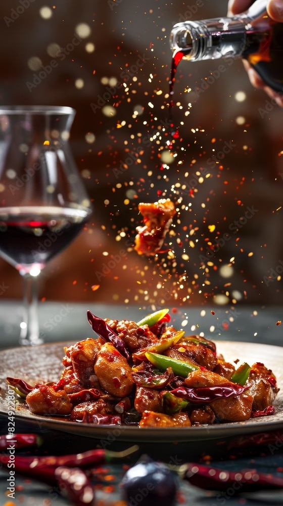 A plate of Chinese kung pao chicken with a glass of plum wine