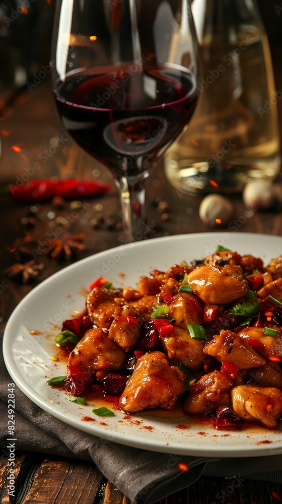 A plate of Chinese kung pao chicken with a glass of plum wine A plate of Chinese kung pao chicken with a glass of plum wine
