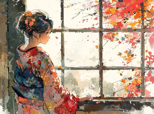 A woman in a kimono is looking out the window