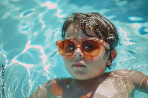 Serene child floats in clear blue water wearing stylish orange sunglasses  enjoying a sunny day